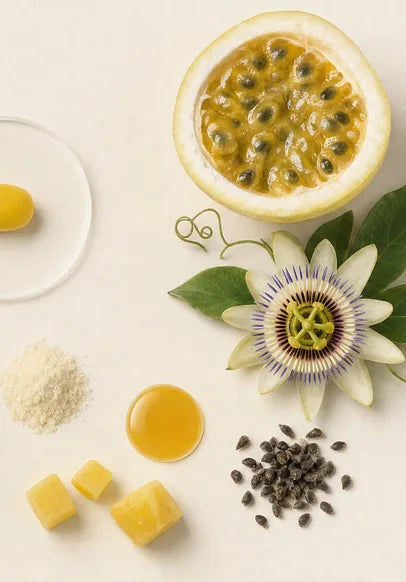 Maracujá, gomas e flor sobre a mesa